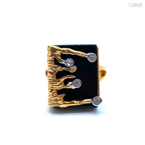 Drippy Onyx Stone and Diamond, 18KTGE Yellow Gold Ring