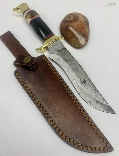 13" Inlaid Wood & Brass Handle Damascus Hunting Kni...