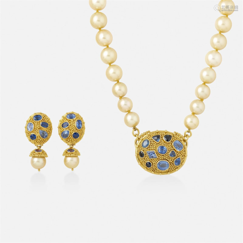 Golden cultured pearl and sapphire necklace, earrings