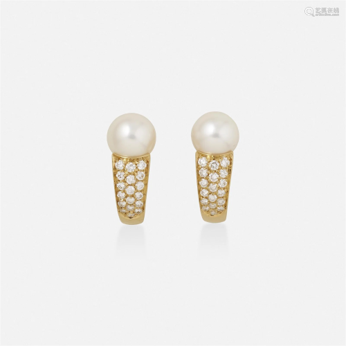 Boucheron, Cultured pearl, diamond, and gold earrings