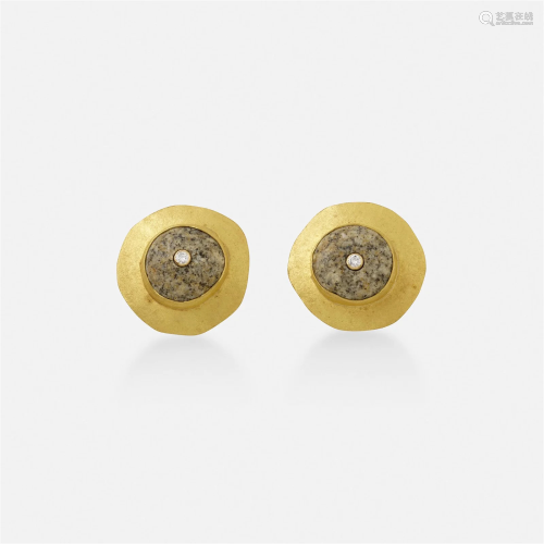 Sam Shaw, Granite, diamond, and gold disk earrings