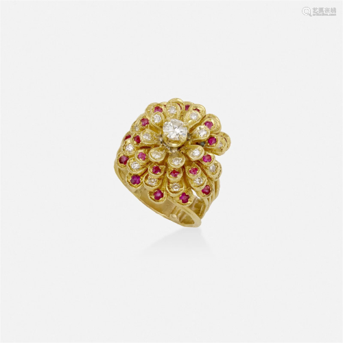 Diamond, ruby, and gold flower ring
