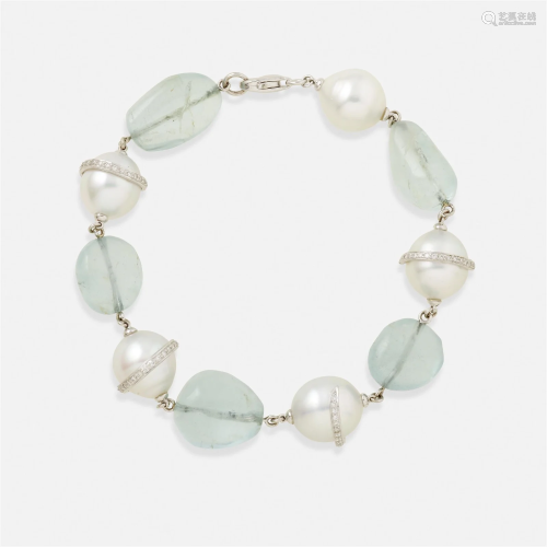 Aquamarine, cultured pearl, and diamond bracelet