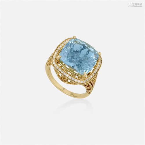 Aquamarine, diamond, and gold ring
