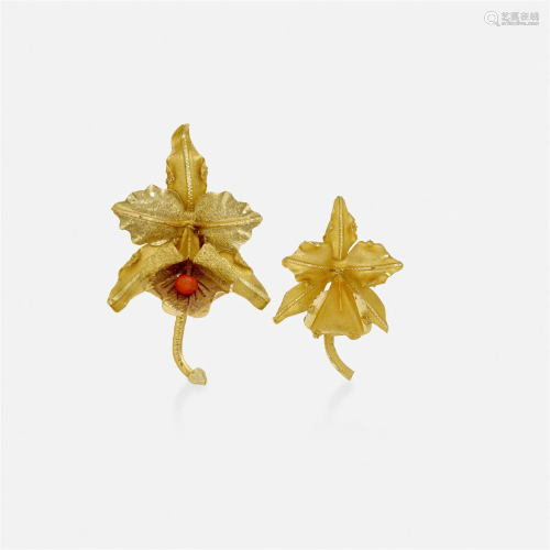 Two gold orchid brooches