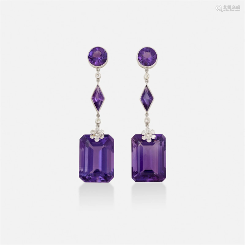Amethyst, diamond, and white gold earrings