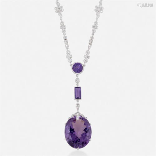 Amethyst, diamond, and white gold necklace