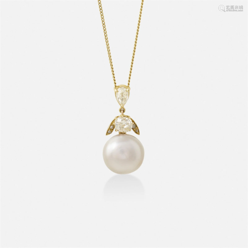 Button pearl, diamond, and gold necklace
