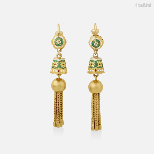 Gold and enamel tassel earrings