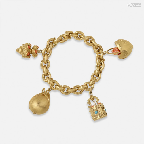 Gold and gem-set charm bracelet