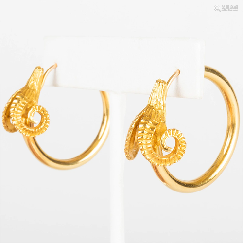 Pair of 18k Gold Ram's Head Hoop Earrings