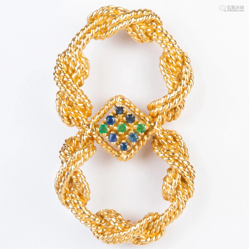 14k Gold Braided Brooch Set with Sapphires and Emeralds