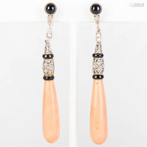 Pair of Platinum, 14k Gold, Coral, Onyx and Diamond Earclips