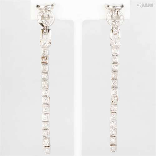 Art Deco Style Platinum and Diamond Long Earrings