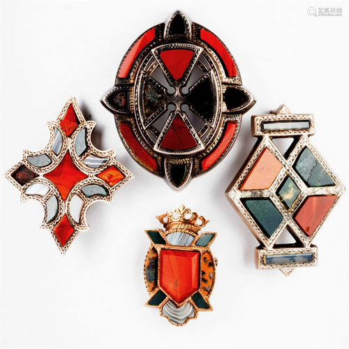 Group of Four Scottish Silver, Bloodstone, Agate and Sard Br...