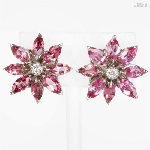 Pair of 18k White Gold, Pink Tourmaline and Diamond Earrings