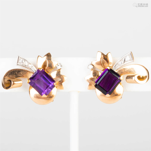 Pair of 14k Gold, Amethyst and Diamond Bow Earclips