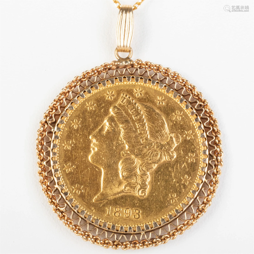 1893 United States Twenty Dollar Gold Coin Pendant