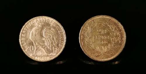 Deux pièces de 20 francs en or, 1856 et 1906.12,86 grammes