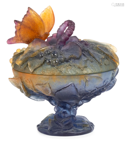 Daum Nancy Pate De Verre Covered Compote with Butterfly