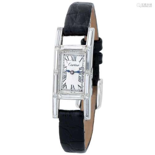 CARTIER. RARE AND ATTRACTIVE, RECTANGULAR WRISTWATCH IN PLAT...
