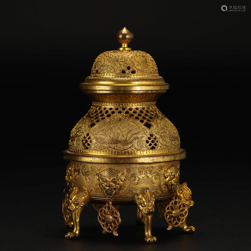 A Chinese Bronze-gilt Incense Burner Qing Dyn.