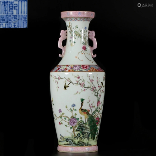 A Chinese Famille Rose Blooms and Birds Vase Qing Dyn.