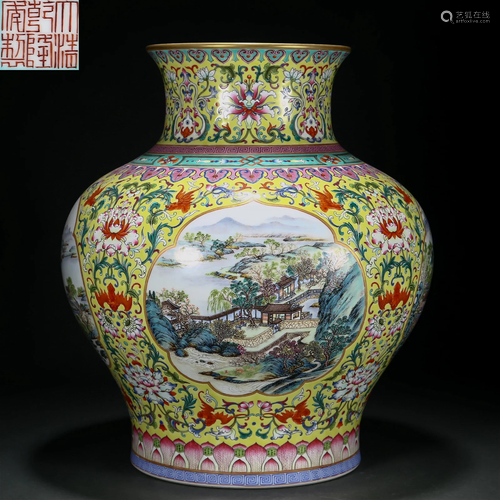 A Chinese Famille Rose Landscape Vase Qing Dyn.