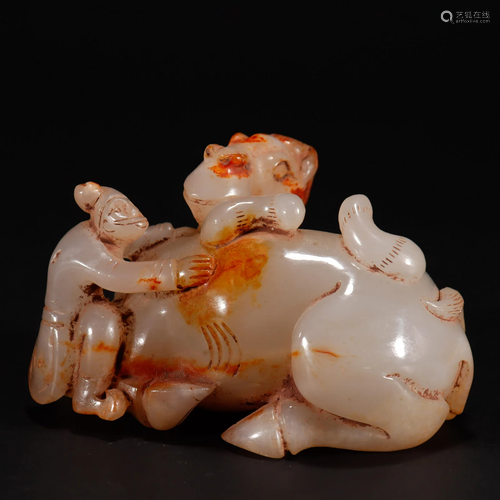 A Chinese Carved White Jade Man with Beast Han Dyn.