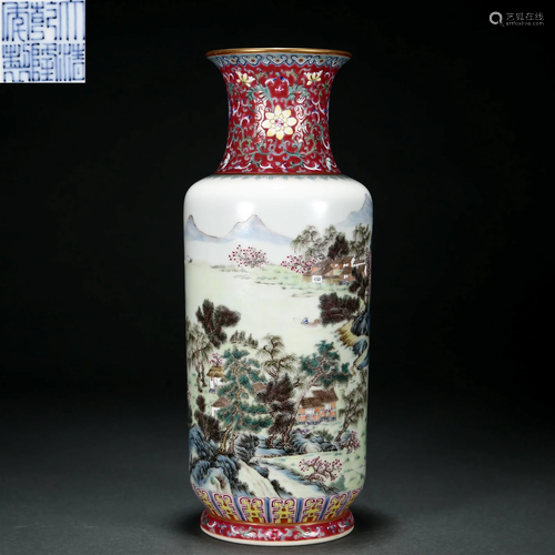 A Chinese Famille Rose Landscape Vase Qing Dyn.