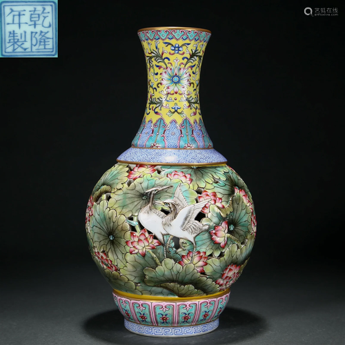 A Chinese Famille Rose Lotus and Cranes Vase Qing Dyn.