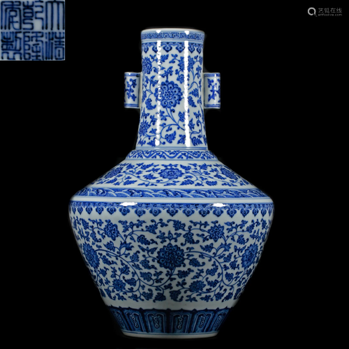 A Chinese Blue and White Lotus Scrolls Vase Qing Dyn.