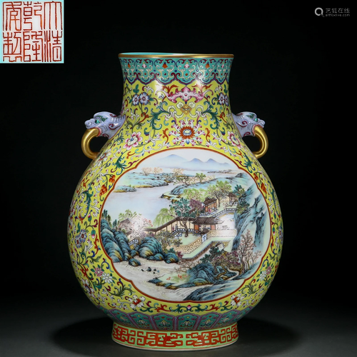 A Chinese Famille Rose Landscape Zun Vase Qing Dyn.