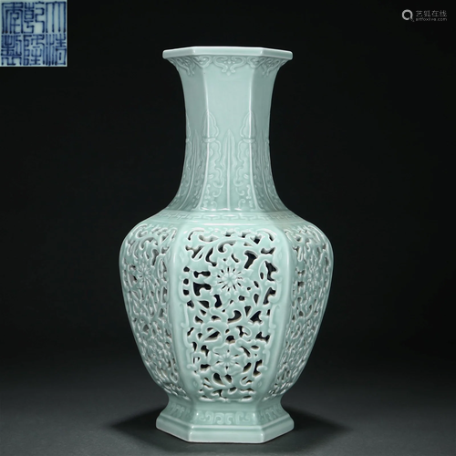 A Chinese Celadon Glazed Hexagonal Vase Qing Dyn.