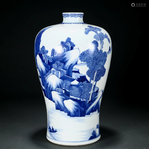 A Chinese Blue and White Landscape Vase Meiping Qing Dyn.