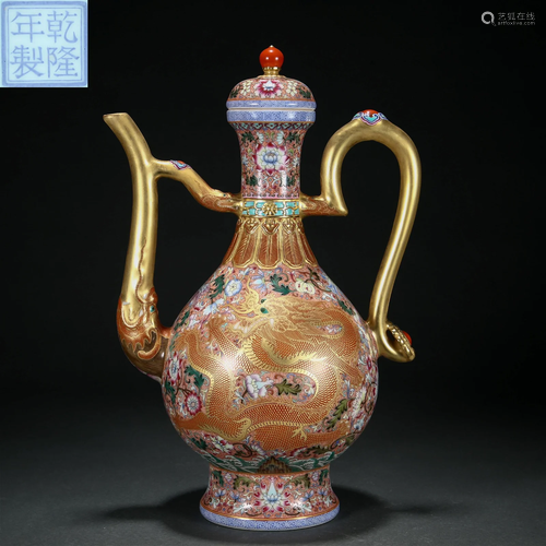 A Chinese Falangcai and Gilt Dragon Ewer Qing Dyn.