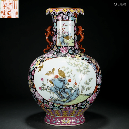 A Chinese Famille Rose Flower and Bird Vase Qing Dyn.