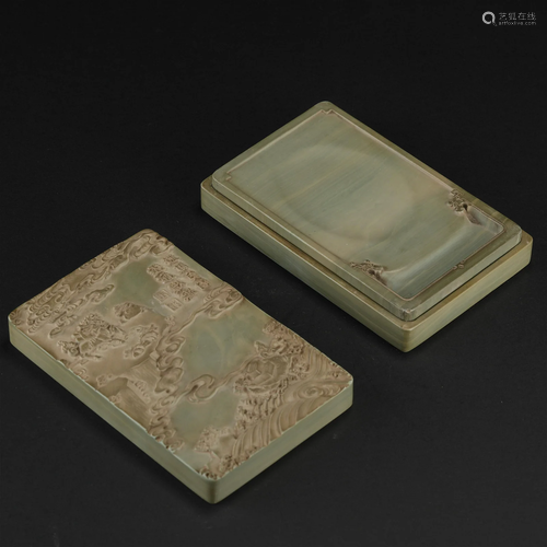 A Chinese Carved Ink-stone in Box Qing Dyn.