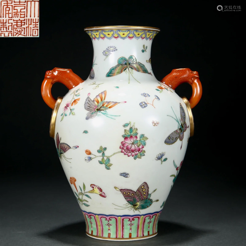 A Chinese Famille Rose Butterflies Vase Qing Dyn.