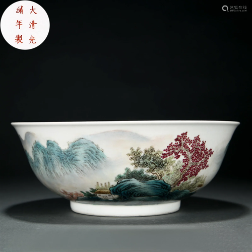 A Chinese Famille Rose Landscape Bowl Qing Dyn.