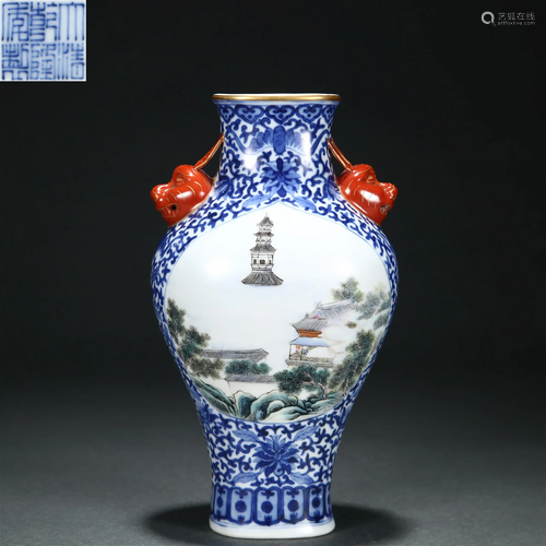 A Chinese Underglaze Blue and Famille Rose Vase Qing Dyn.