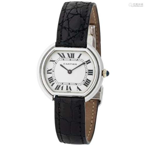 CARTIER. ATTRACTIVE, ELLIPSE, ROUNDED-SHAPE WRISTWATCH IN WH...