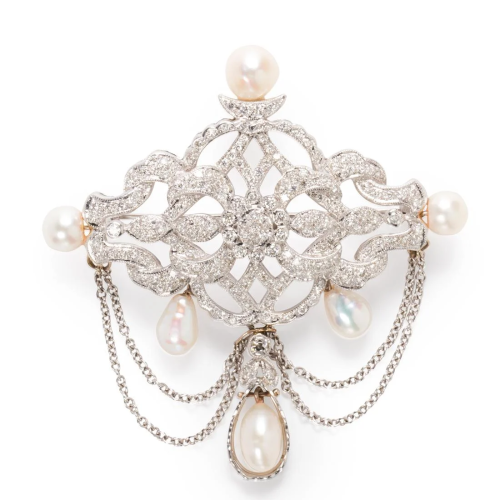 A diamond, cultured pearl and eighteen karat white gold broo...