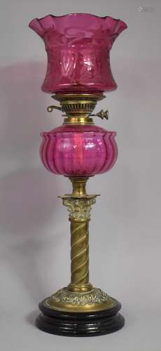 A Victorian Brass Oil Lamp, The Support in The Form of Wryth...