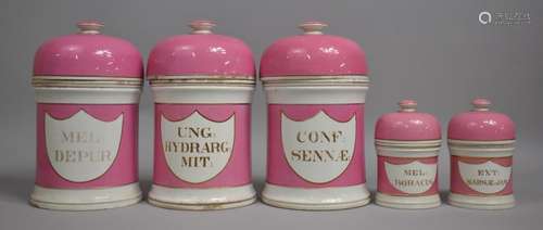 A Set of Five 19th Century Pink and Gilt Apothecary Jars and...