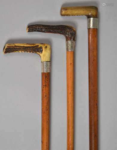 A Collection of Three Crop Handled Walking Sticks with Silve...