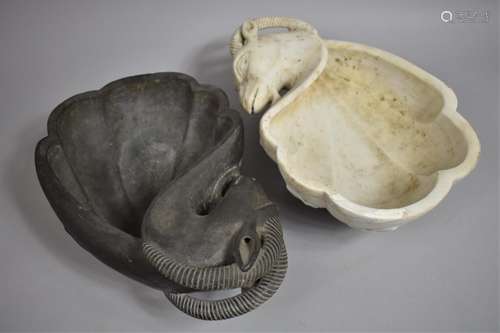 A Pair of Indian Carved Marble Ear Shaped Bowls with Goats H...