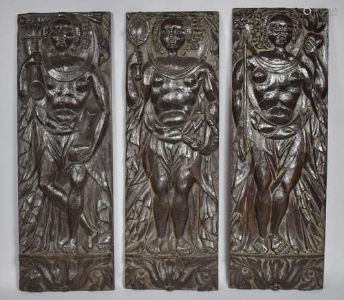 Three Carved Wooden Panels, Perhaps Spanish Colonial, Depict...