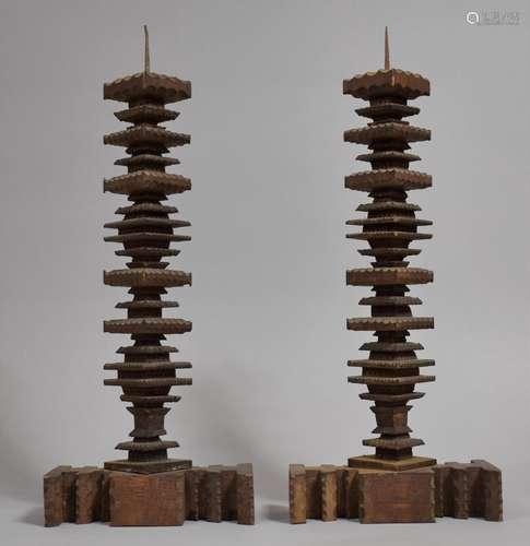 A Pair of 19th Century Tramp Art Pricket Candlesticks, 38cms...