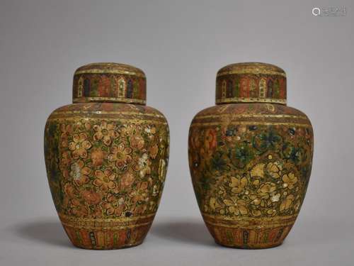 A Pair of Small Kashmiri Baluster Vases and Covers Decorated...